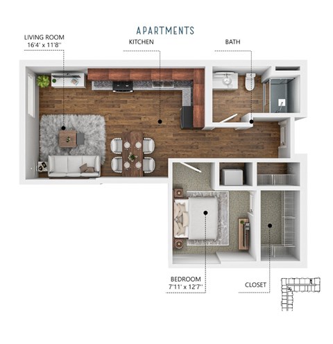 Floor plan for 1 bed, 1 bath, 542 sqft